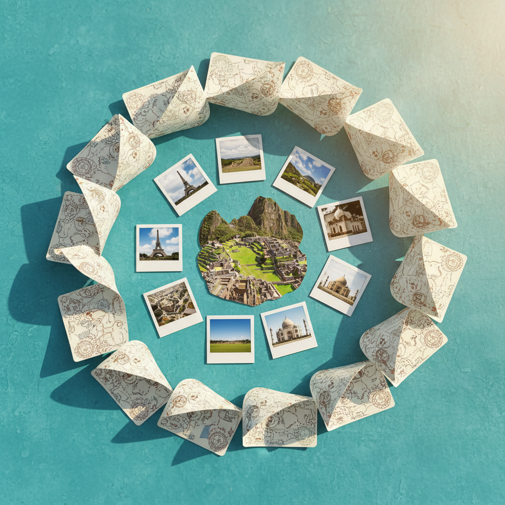 A cheerful collection of postage stamp-sized polaroid photographs featuring iconic global landmarks—Eiffel Tower, Machu Picchu, the Taj Mahal—each surrounded by lively, tossed postcards with swirling, hand-sketched illustrations of maps and compasses. The polaroids and cards are arranged in a loose, energetic spiral pattern atop a vividly painted turquoise surface. Gentle midday sunlight illuminates the scene, highlighting the glossy surfaces of the polaroids and the colorful, rounded outlines of the cards. The composition is whimsical and off-center, utilizing a shallow depth of field to draw focus to the central spiral. The atmosphere is upbeat and wanderlust-driven, rendered with photographic realism and a playful, vibrant aesthetic.